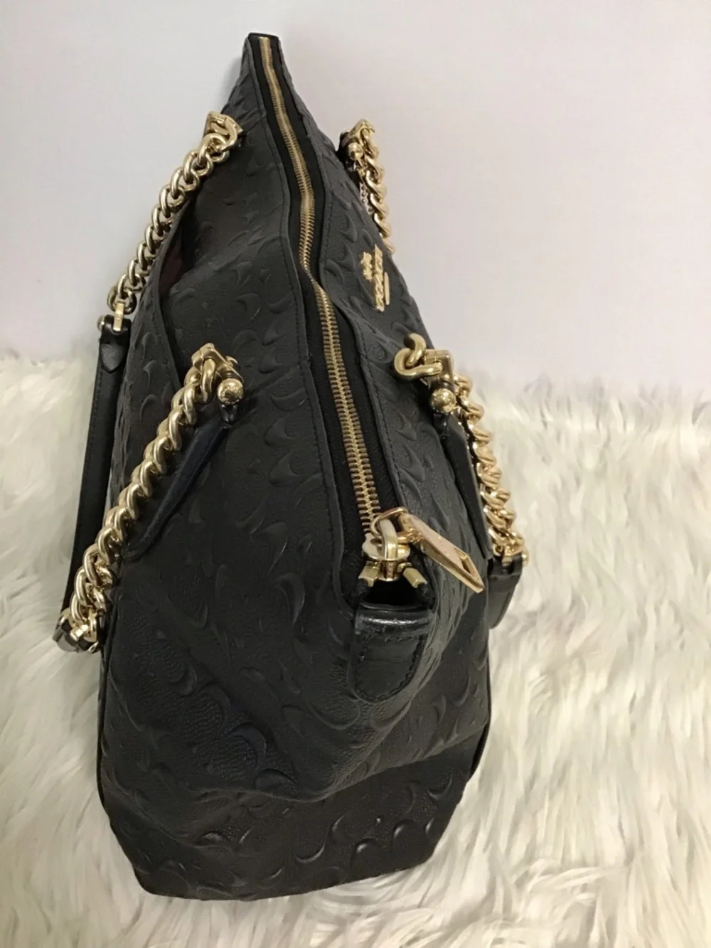 Coach Ava Chain Tote in Signature Embossed Leather Black EUC